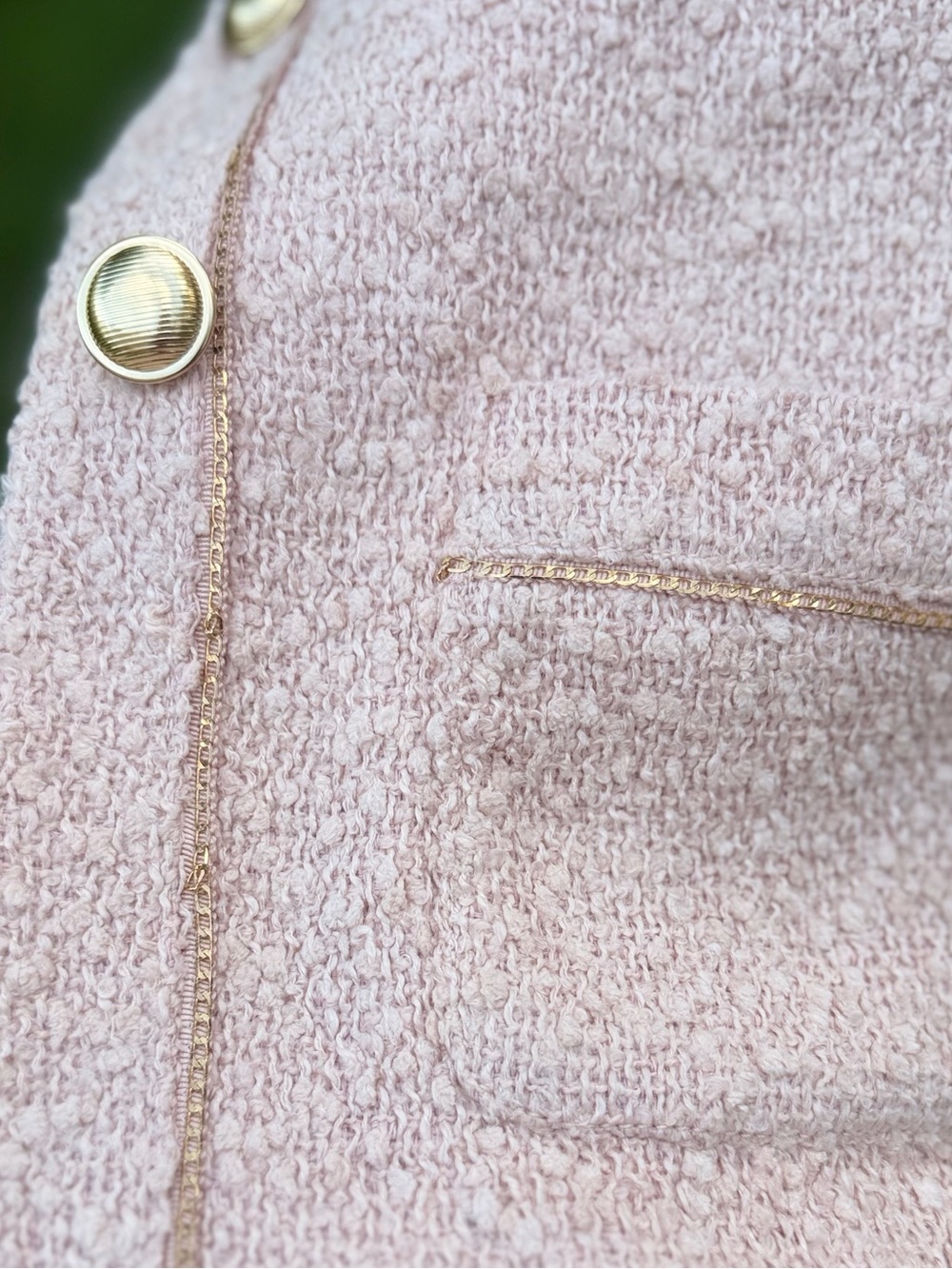 Express Pink Bouclé Collarless Gold Button Chain Trim Jacket XL NWT - Picture 7 of 16